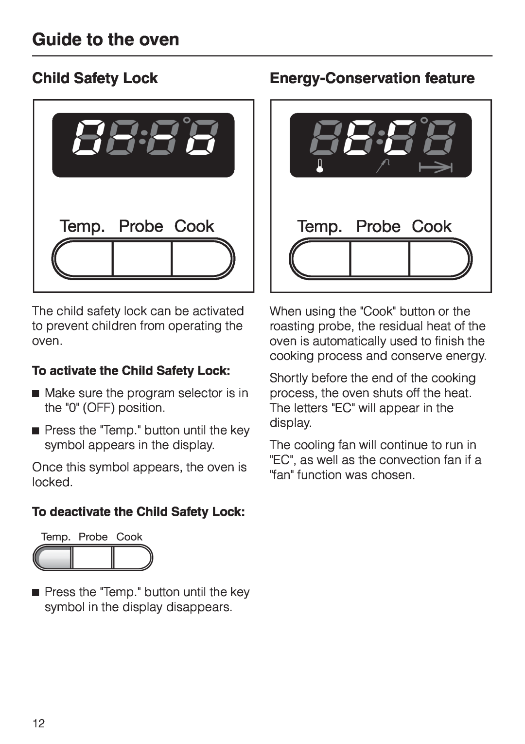 Miele H350-2B operating instructions Energy-Conservationfeature, Guide to the oven, To activate the Child Safety Lock 