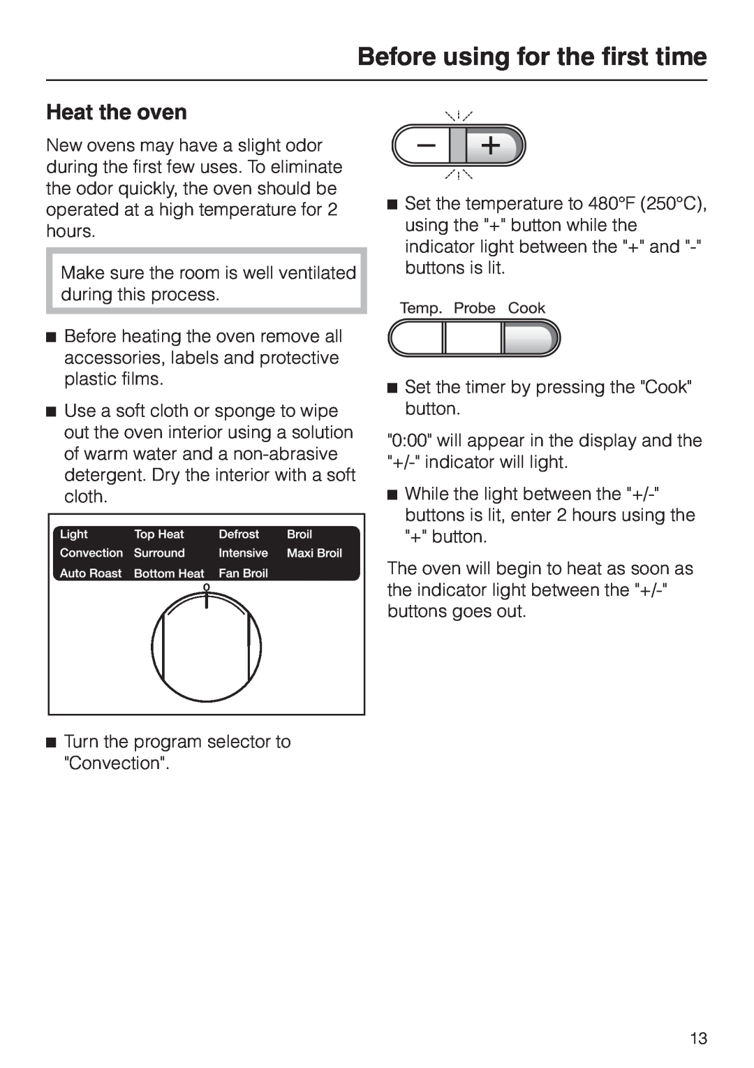 Miele H350-2B operating instructions Before using for the first time, Heat the oven 