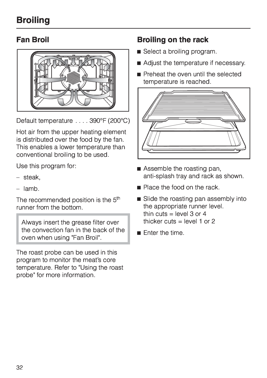 Miele H350-2B operating instructions Fan Broil, Broiling on the rack 