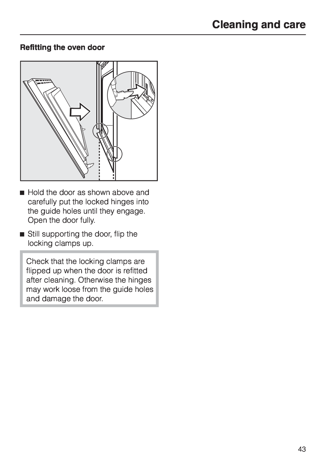 Miele H350-2B operating instructions Cleaning and care, Refitting the oven door 