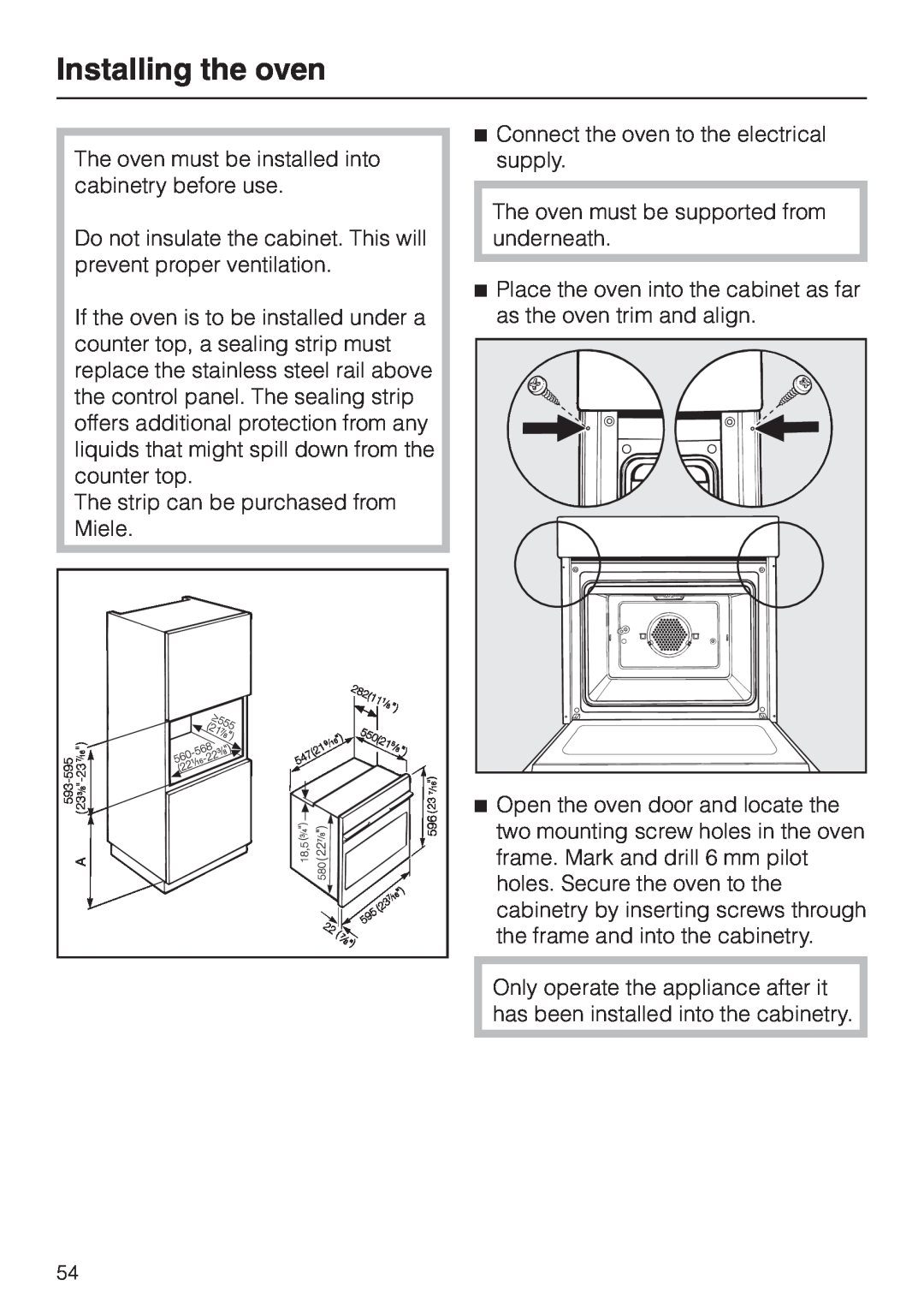 Miele H350-2B operating instructions Installing the oven 