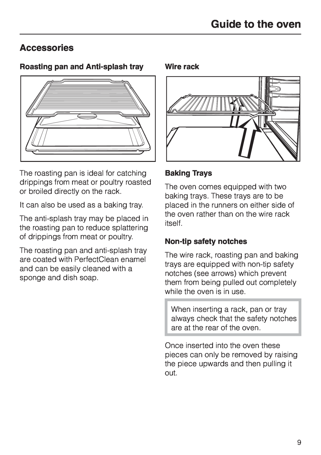 Miele H350-2B Accessories, Guide to the oven, Roasting pan and Anti-splashtray, Wire rack Baking Trays 
