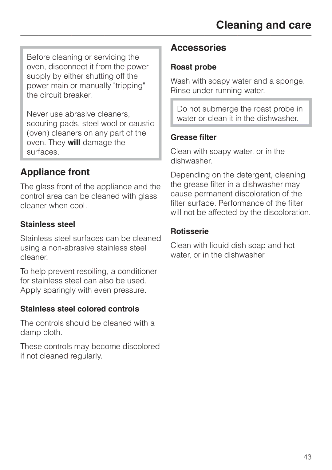 Miele H387-2B, H387-1B manual Cleaning and care, Appliance front, Stainless steel colored controls 