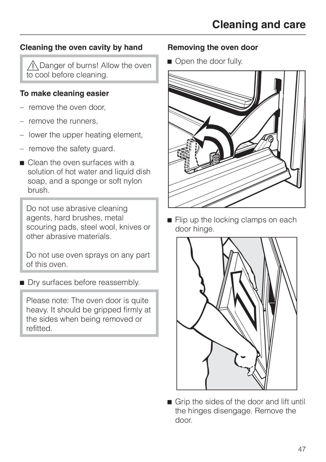 Miele H387-2B, H387-1B manual Cleaning the oven cavity by hand To make cleaning easier, Removing the oven door 