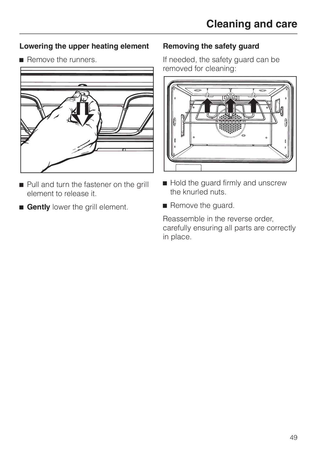 Miele H387-2B, H387-1B manual Lowering the upper heating element, Removing the safety guard 