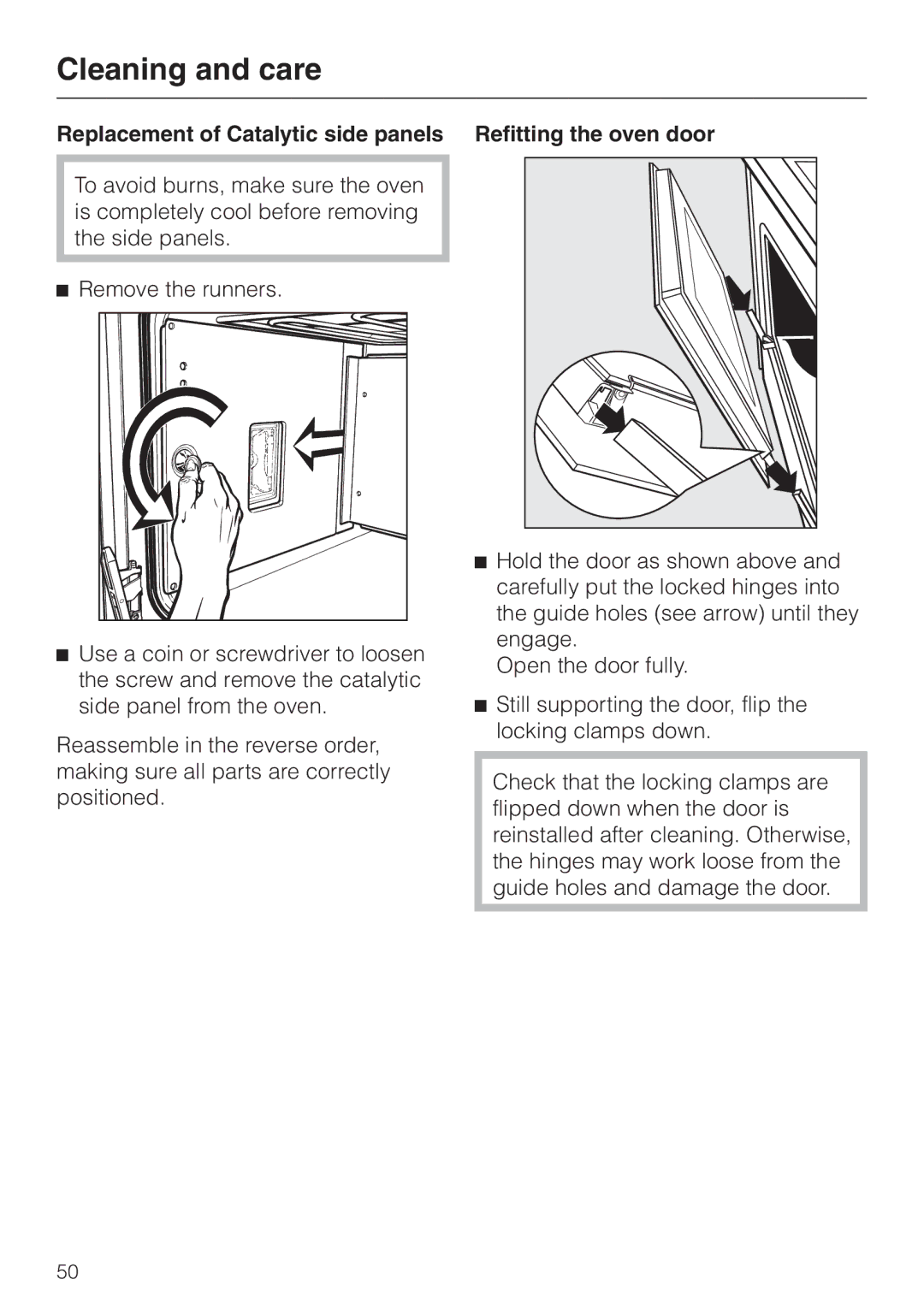 Miele H387-1B, H387-2B manual Replacement of Catalytic side panels Refitting the oven door 