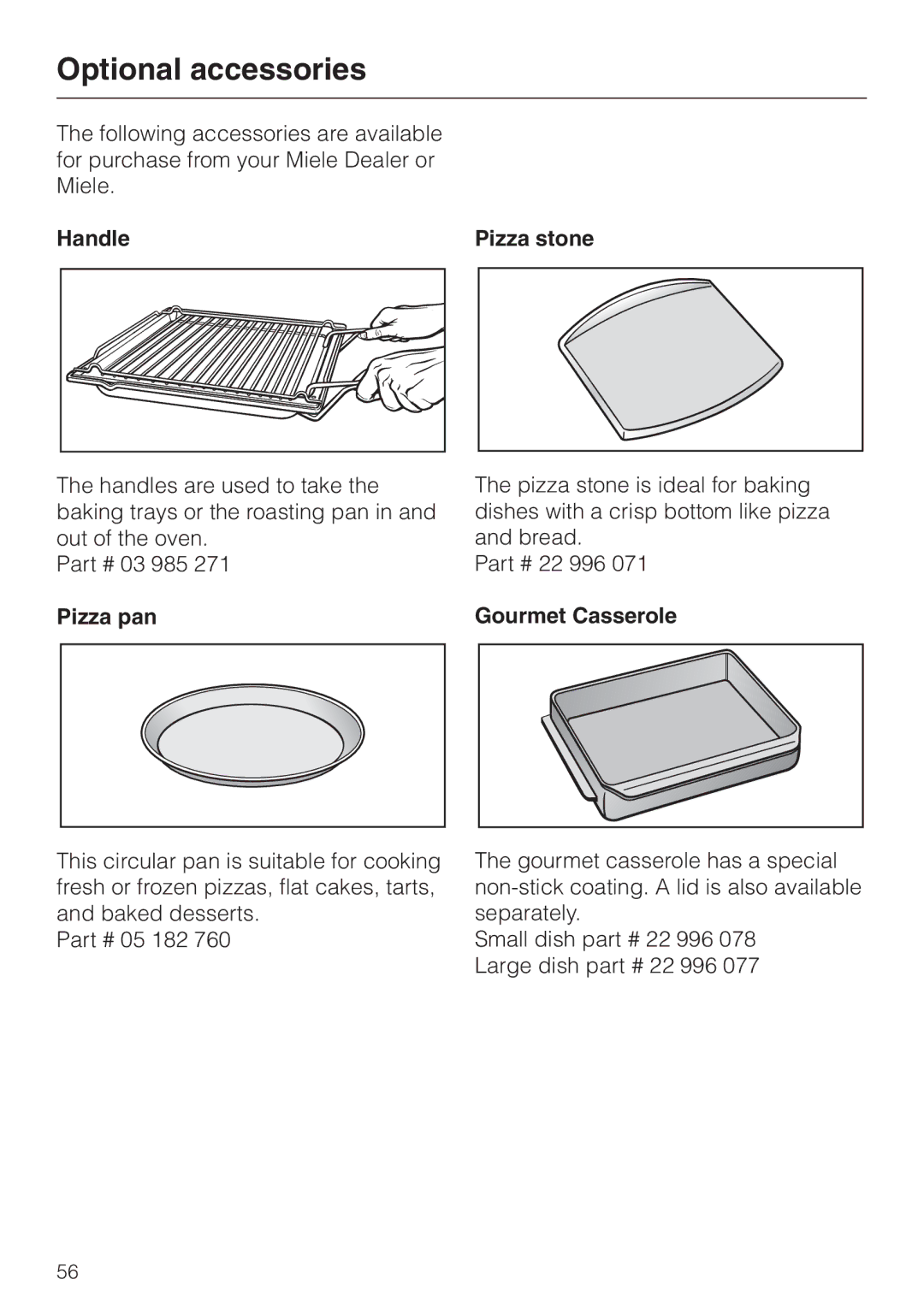 Miele H387-1B, H387-2B manual Optional accessories, Handle, Pizza pan Pizza stone, Gourmet Casserole 