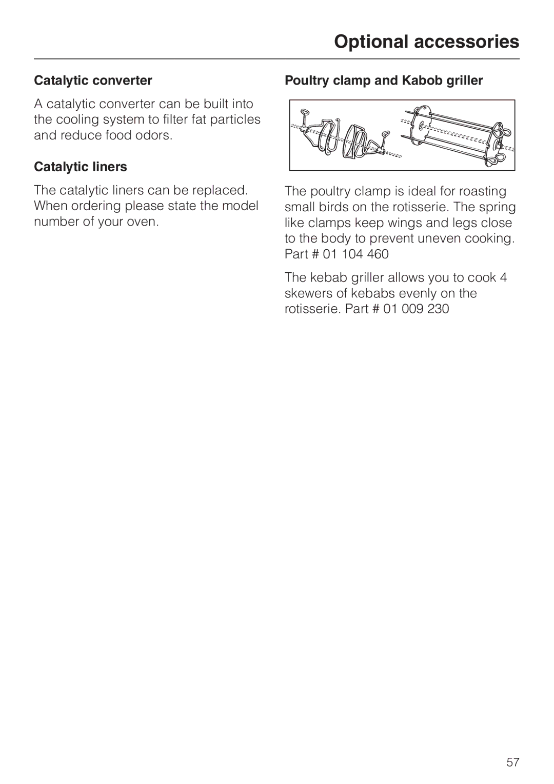 Miele H387-2B, H387-1B manual Catalytic converter, Catalytic liners, Poultry clamp and Kabob griller 