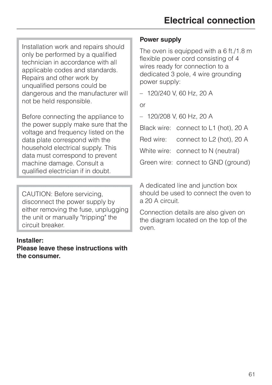 Miele H387-2B, H387-1B manual Electrical connection 