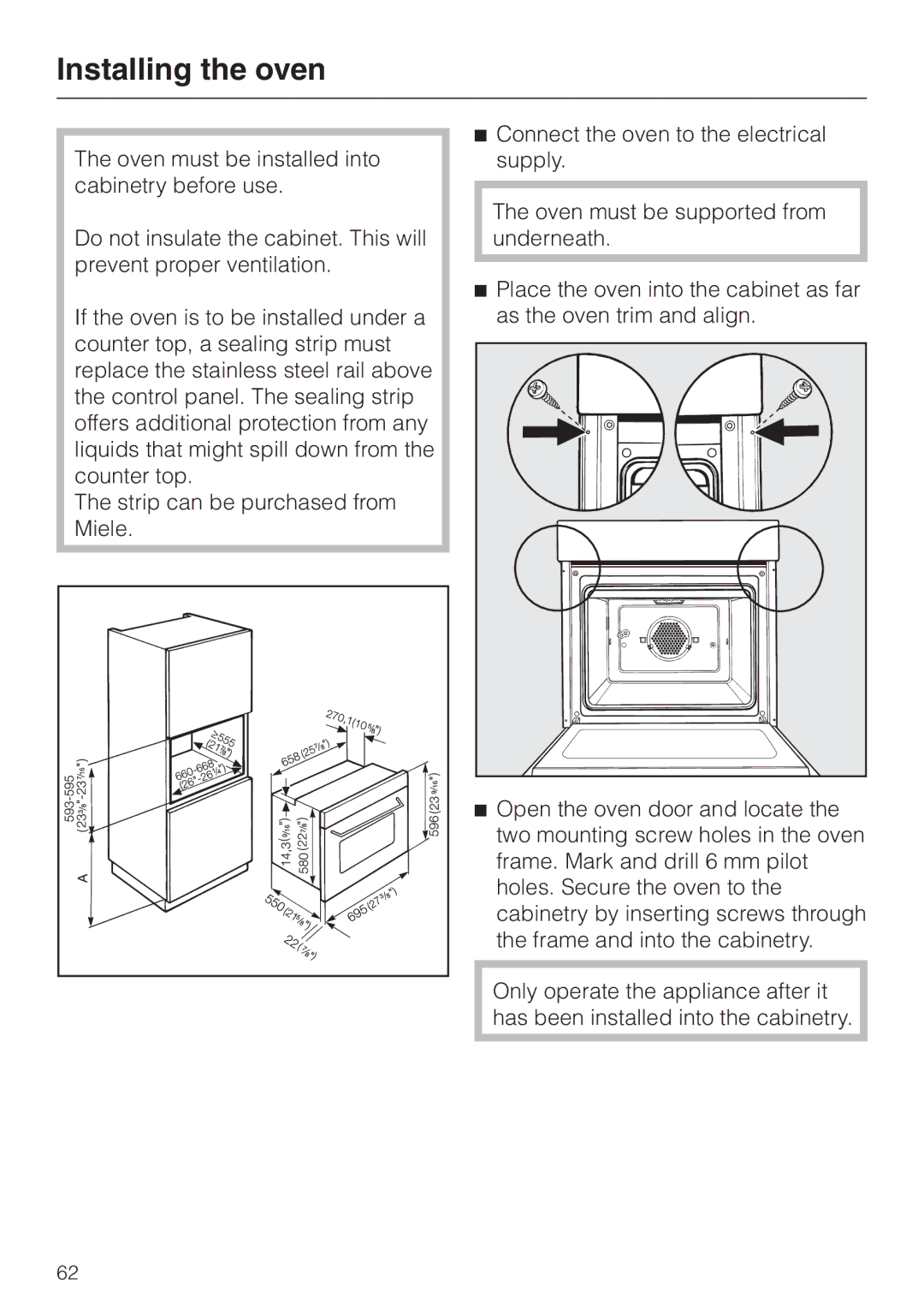 Miele H387-1B, H387-2B manual Installing the oven 