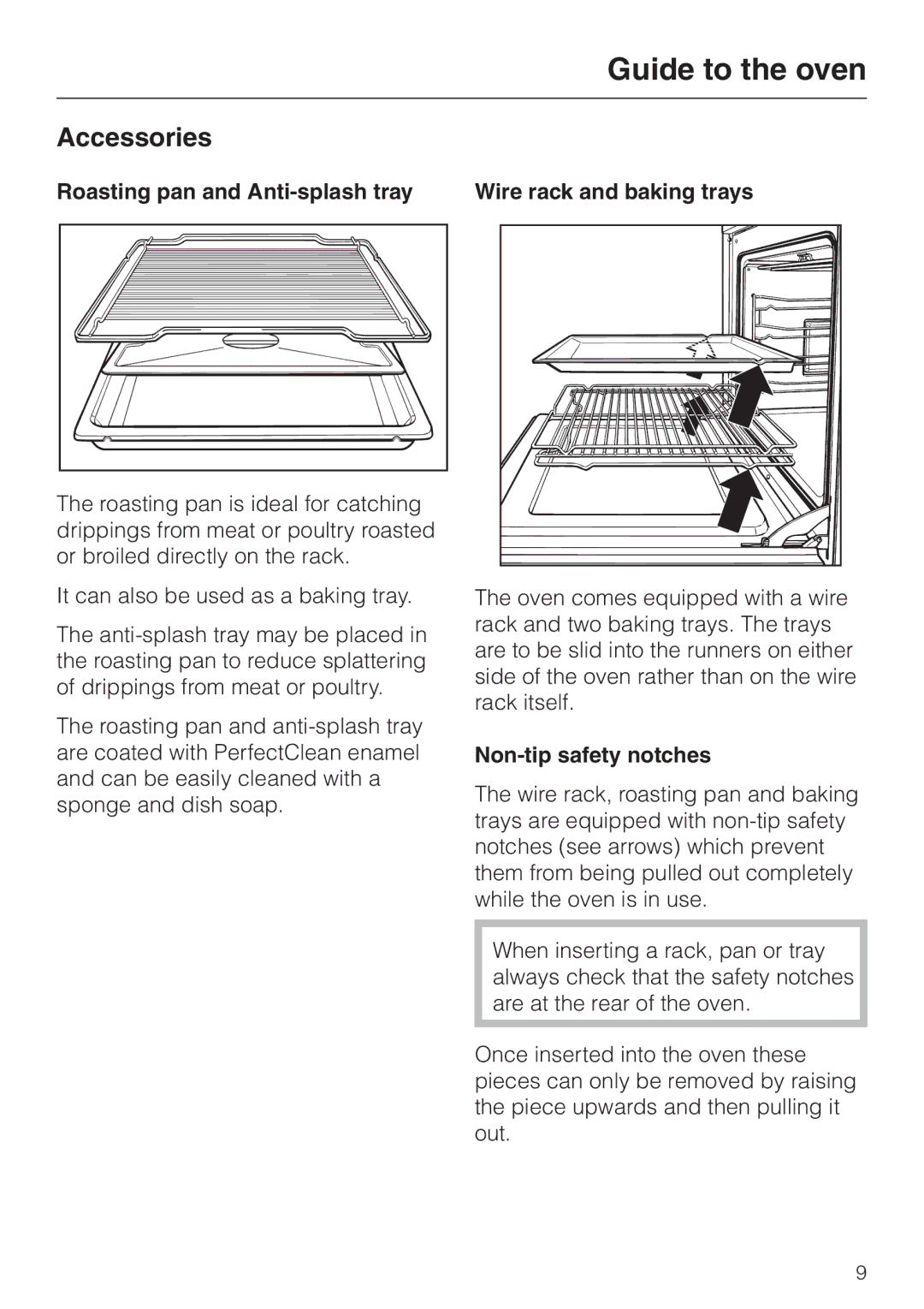 Miele H387-2B, H387-1B manual Accessories, Roasting pan and Anti-splash tray, Non-tip safety notches 