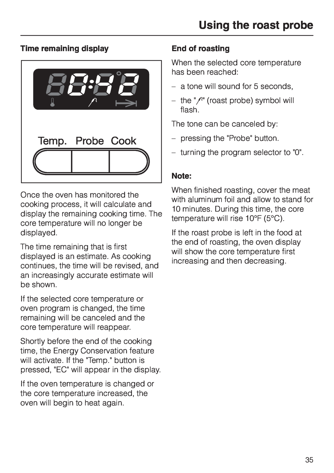 Miele H387-2B, H387-1B manual Time remaining display, End of roasting, Using the roast probe 