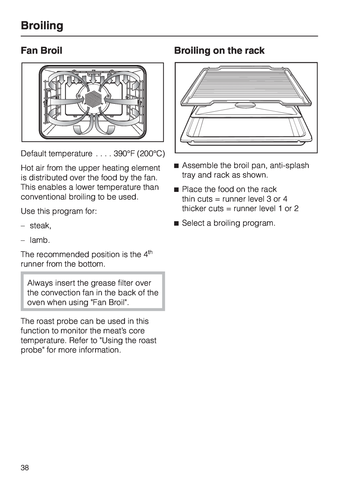 Miele H387-1B, H387-2B manual Fan Broil, Broiling on the rack 