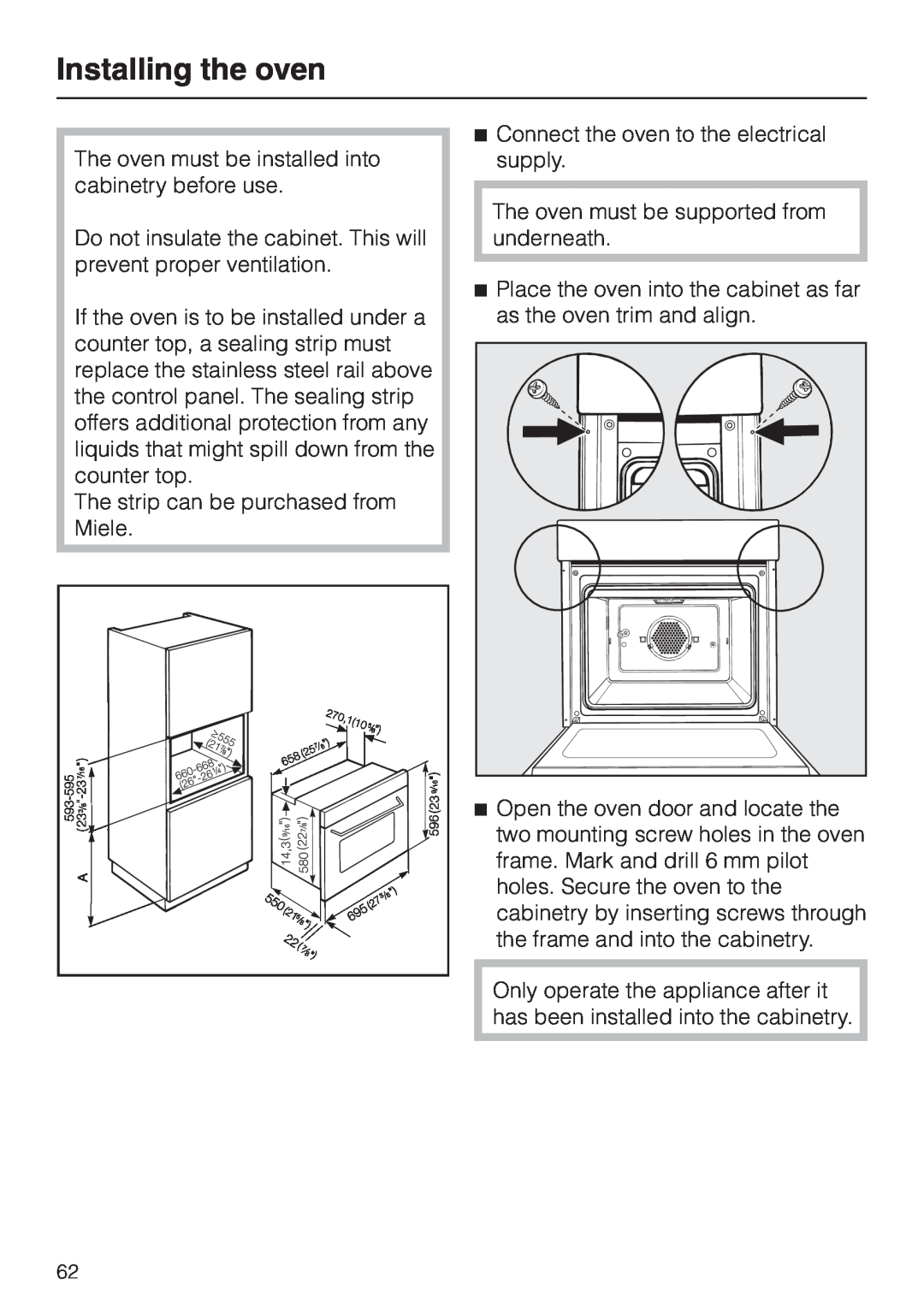 Miele H387-1B, H387-2B manual Installing the oven 
