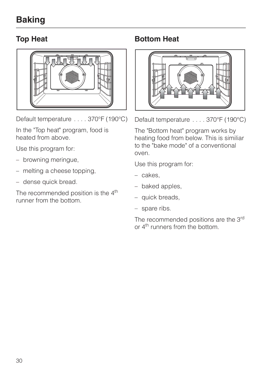Miele H387-1BPKAT, H387-2BPKAT manual Top Heat Bottom Heat 