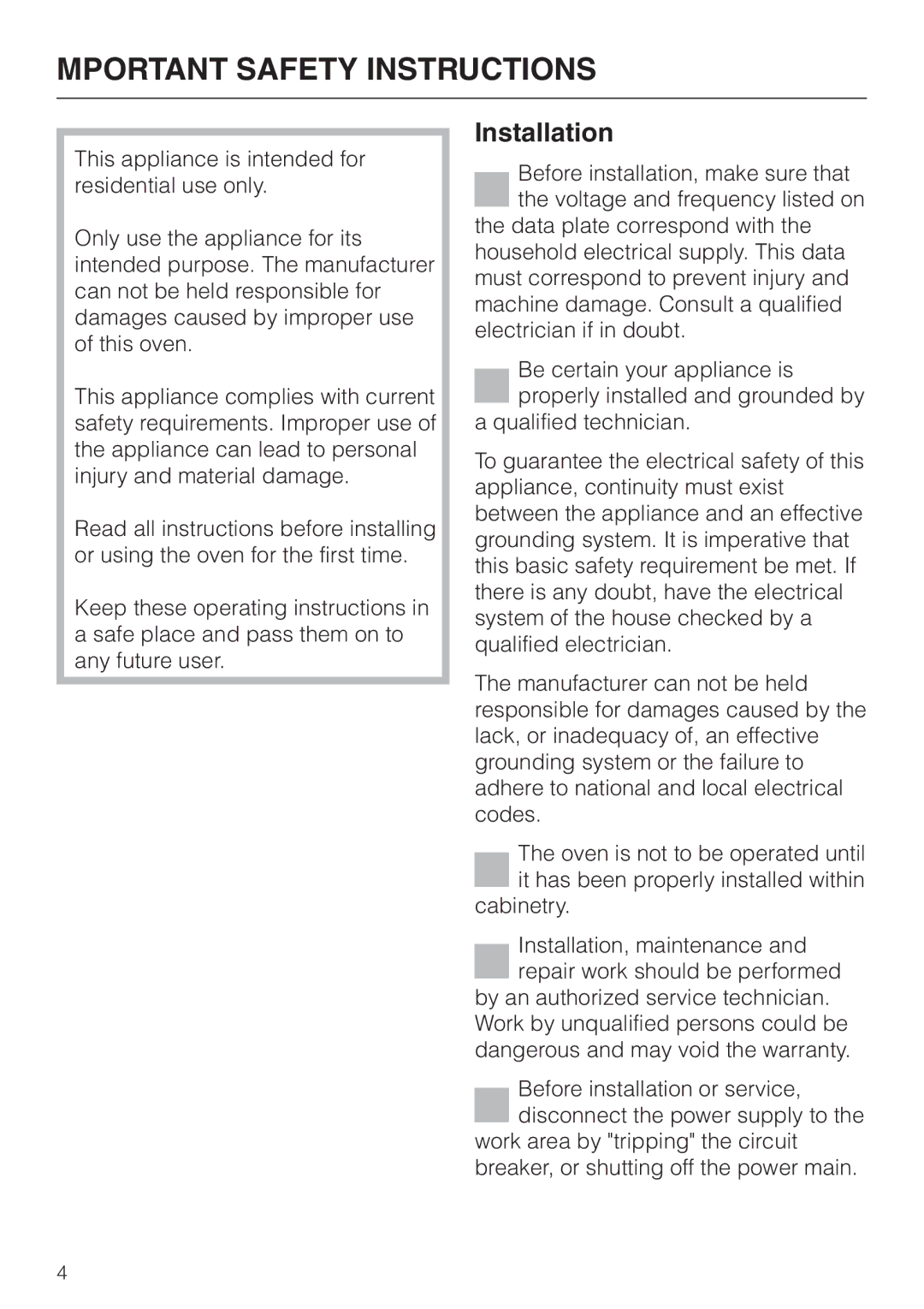 Miele H387-1BPKAT, H387-2BPKAT manual Mportant Safety Instructions, Installation 