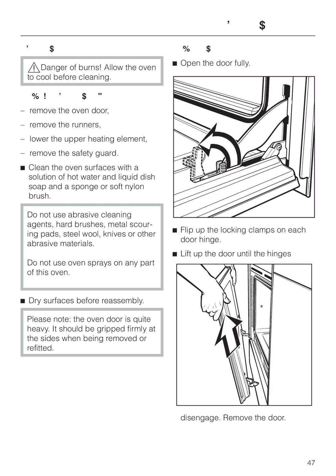 Miele H387-2BPKAT, H387-1BPKAT manual Cleaning the oven cavity by hand To make cleaning easier, Removing the oven door 