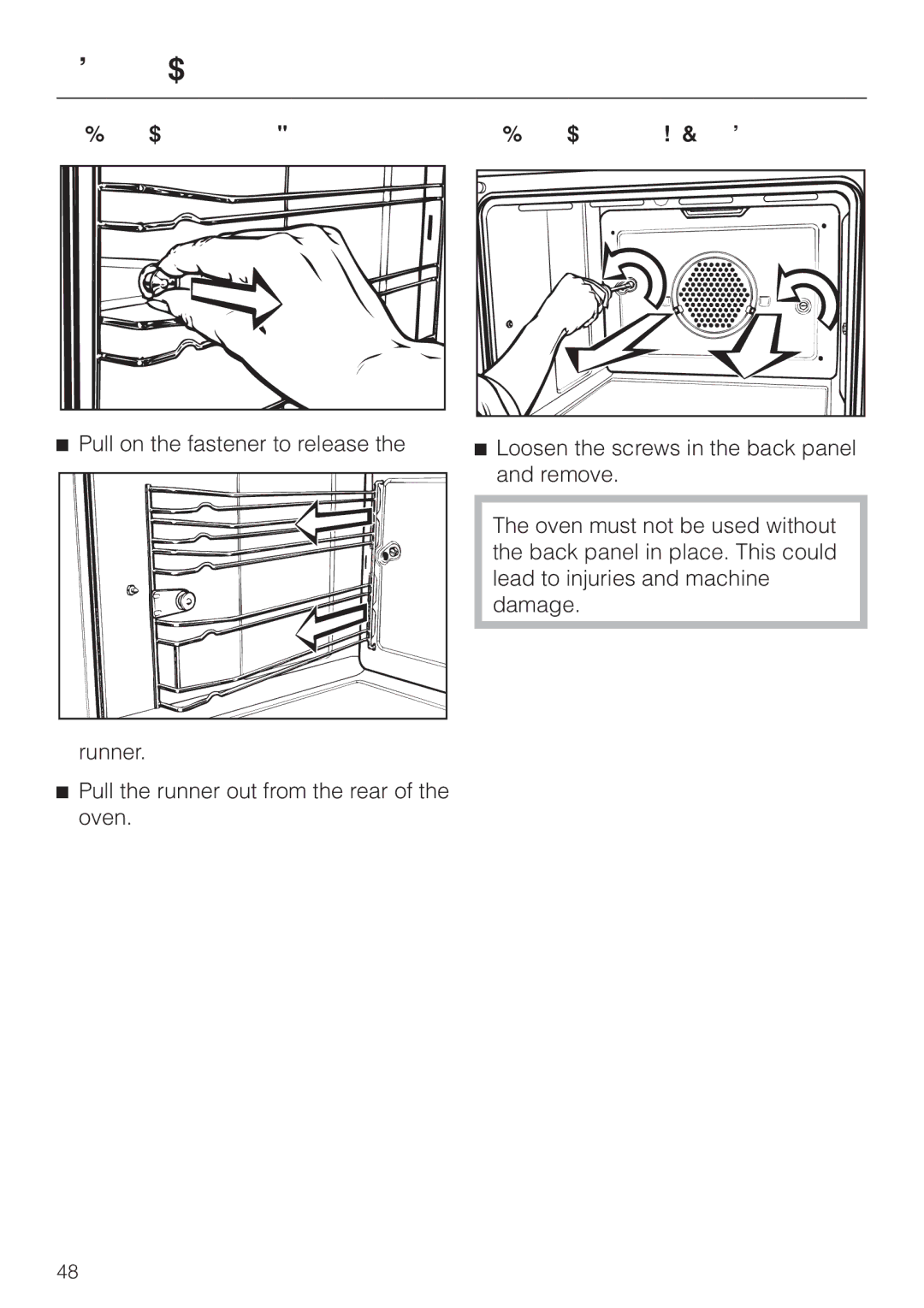 Miele H387-1BPKAT, H387-2BPKAT manual Removing the runners Removing the back panel 