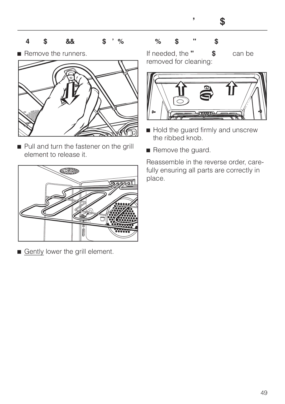 Miele H387-2BPKAT, H387-1BPKAT manual Lowering the upper heating element Remove the runners, Gently lower the grill element 