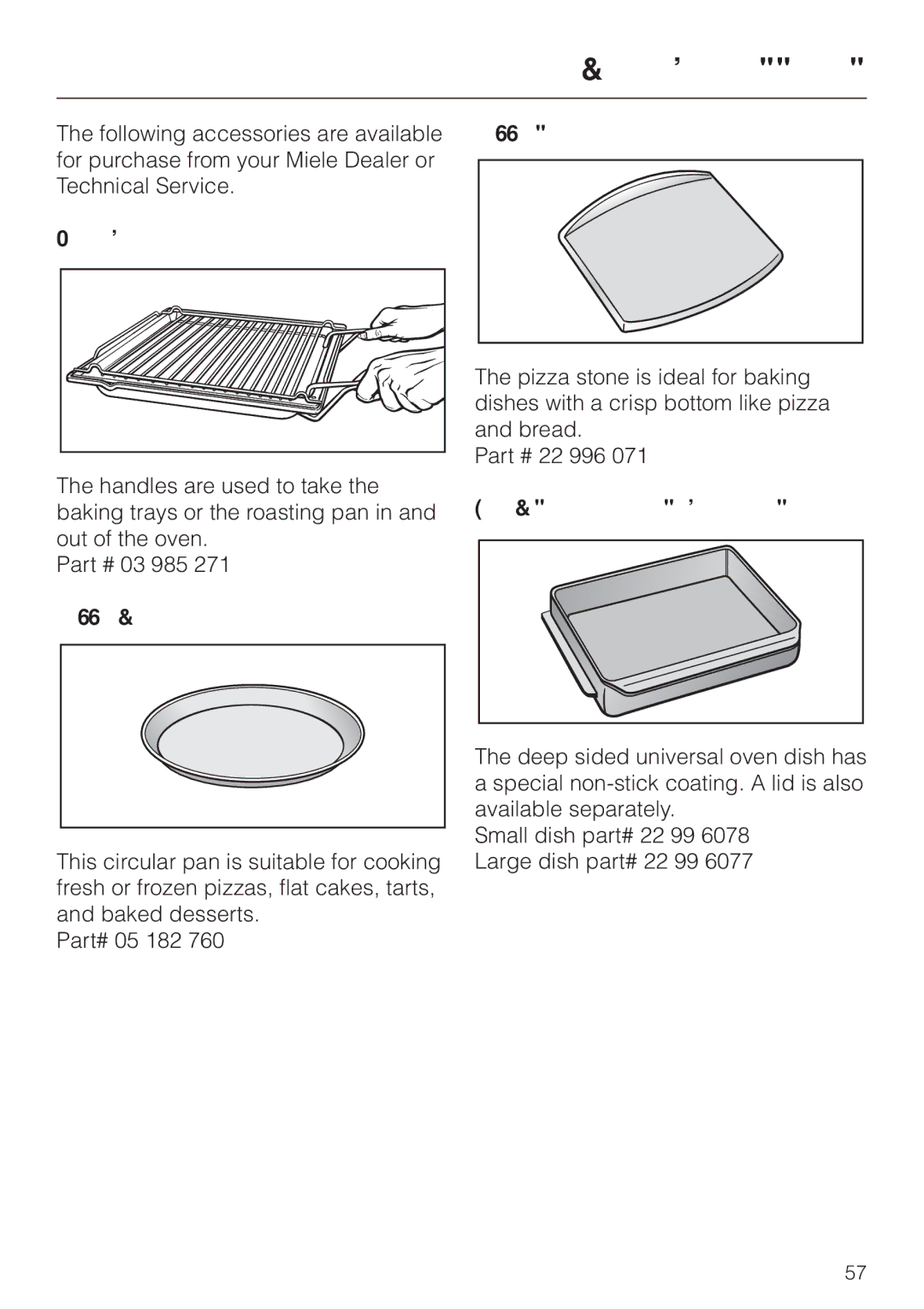 Miele H387-2BPKAT, H387-1BPKAT manual Optional accessories, Handle, Pizza pan, Pizza stone, Deep sided universal oven dish 