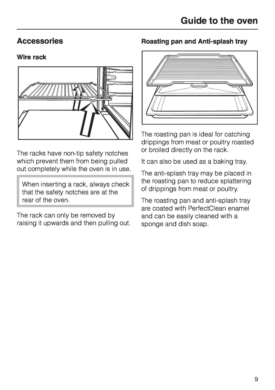 Miele H387-2BPKAT, H387-1BPKAT manual Accessories, Guide to the oven, Roasting pan and Anti-splashtray, Wire rack 