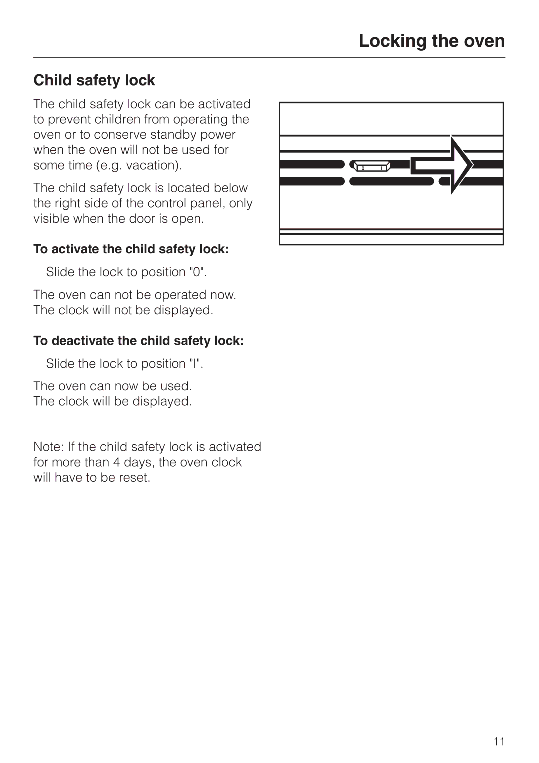 Miele H395B Locking the oven, Child safety lock, To activate the child safety lock, To deactivate the child safety lock 