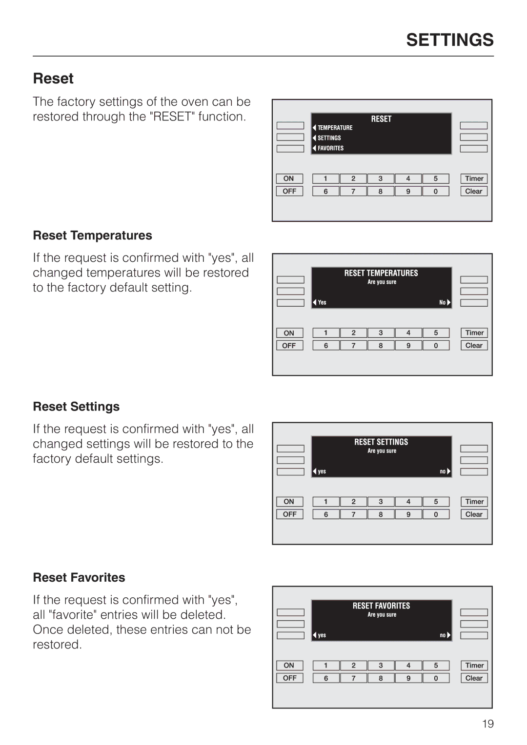 Miele H395B, H396B operating instructions Reset Temperatures, Reset Settings, Reset Favorites 