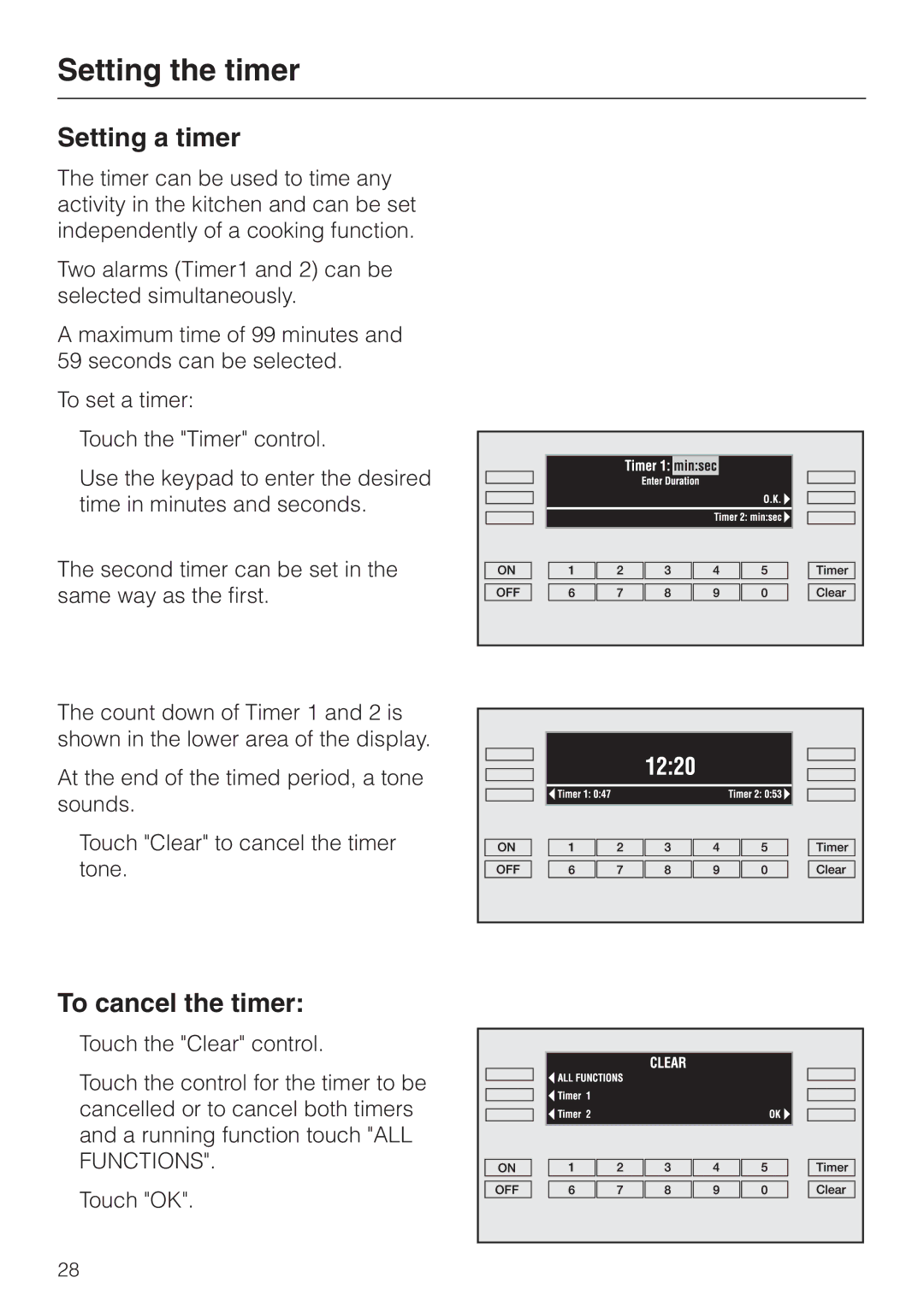 Miele H396B, H395B operating instructions Setting the timer, Setting a timer, To cancel the timer 