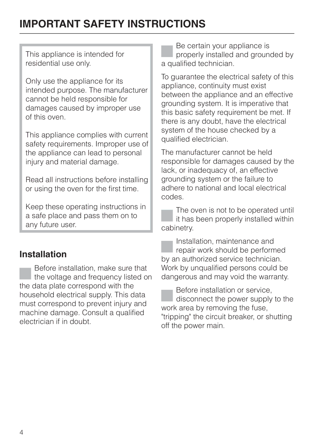 Miele H396B, H395B operating instructions Important Safety Instructions, Installation 