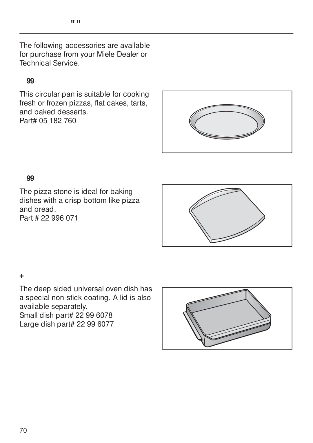 Miele H396B, H395B operating instructions Optional accessories, Pizza pan, Pizza stone, Deep sided universal oven dish 