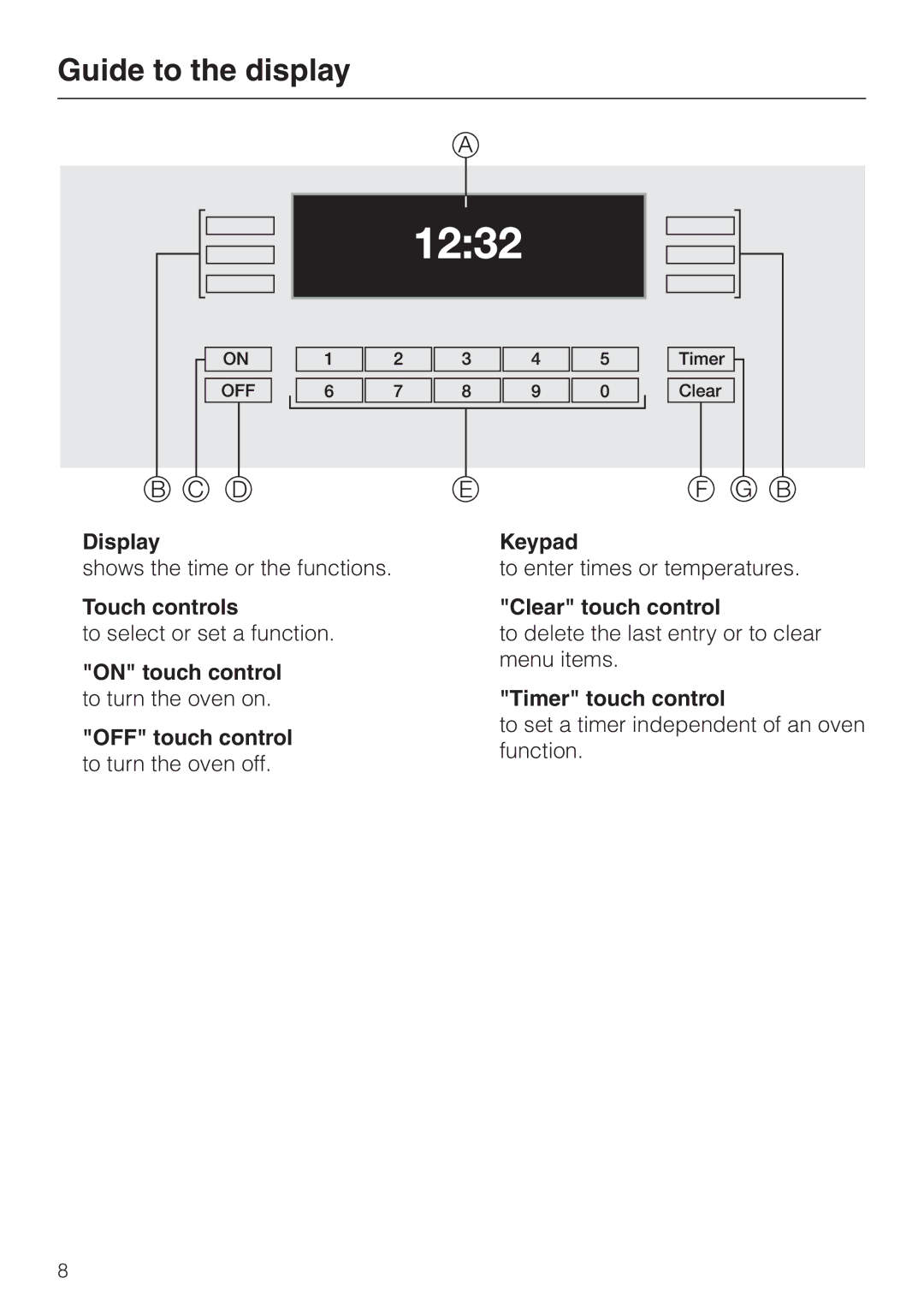 Miele H396B, H395B Guide to the display, Display, BTouch controls, FClear touch control, GTimer touch control 