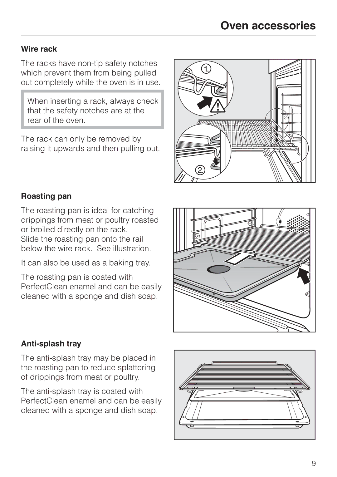 Miele H395B, H396B operating instructions Oven accessories, Wire rack, Roasting pan, Anti-splash tray 