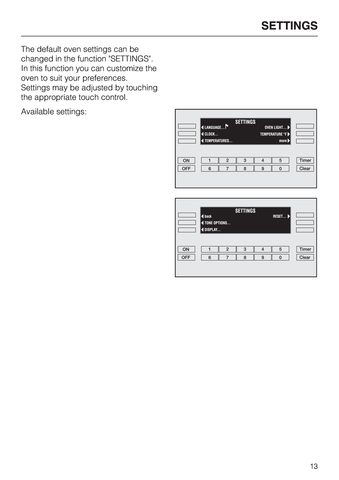 Miele H395B, H396B operating instructions Settings, Available settings 