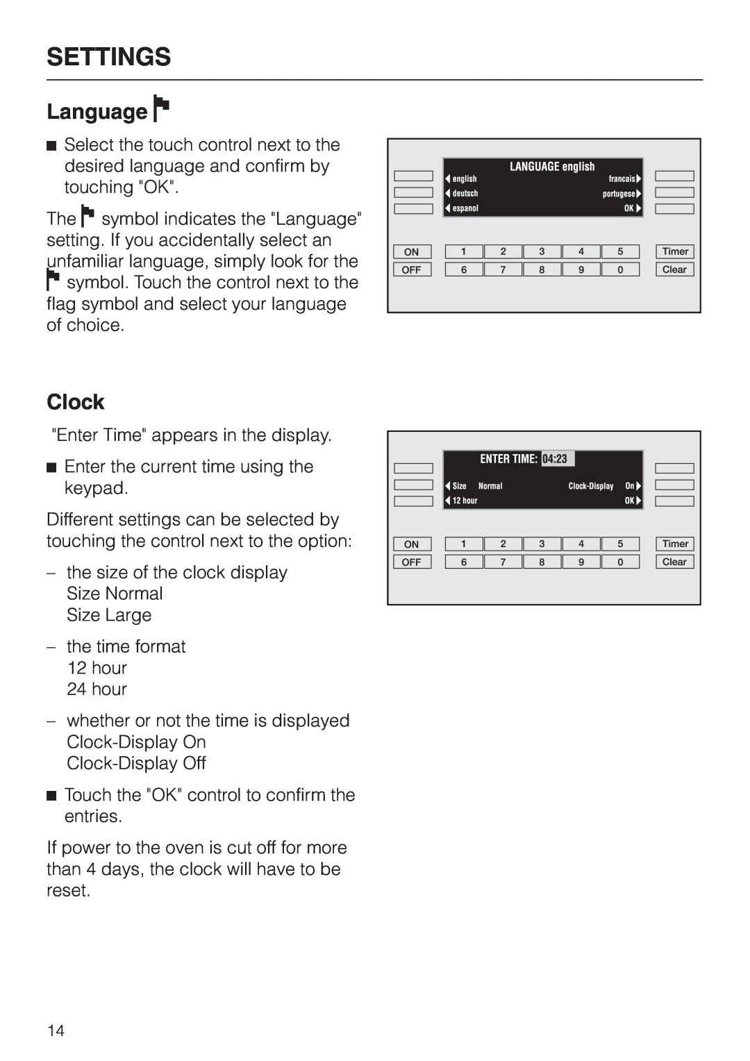 Miele H396B, H395B operating instructions Language F, Clock, Settings 