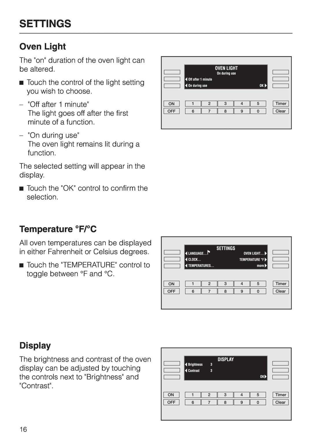 Miele H396B, H395B operating instructions Oven Light, Temperature F/C, Display, Settings 