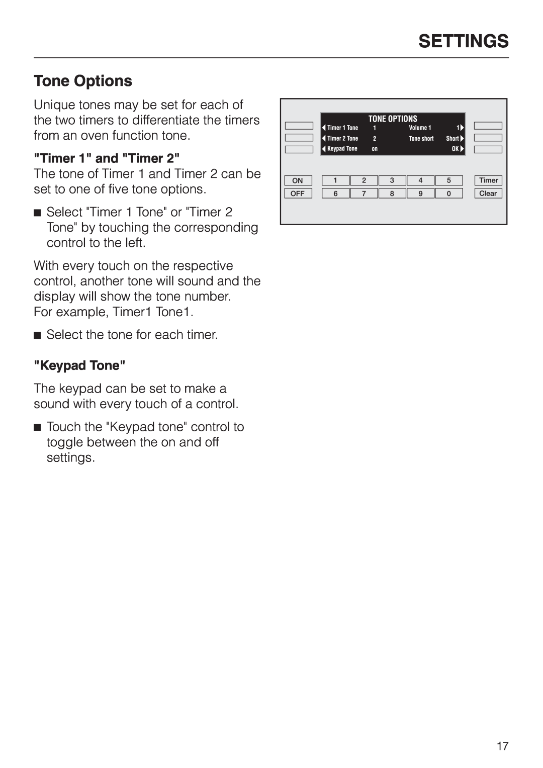 Miele H395B, H396B operating instructions Tone Options, Settings, Timer 1 and Timer, Keypad Tone 