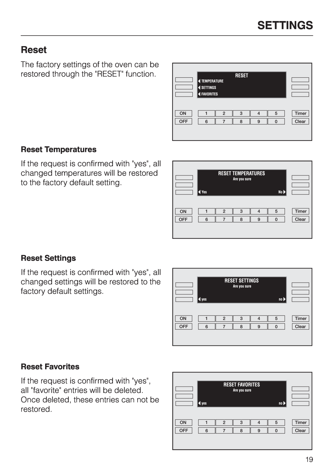 Miele H395B, H396B operating instructions Reset Temperatures, Reset Settings, Reset Favorites 
