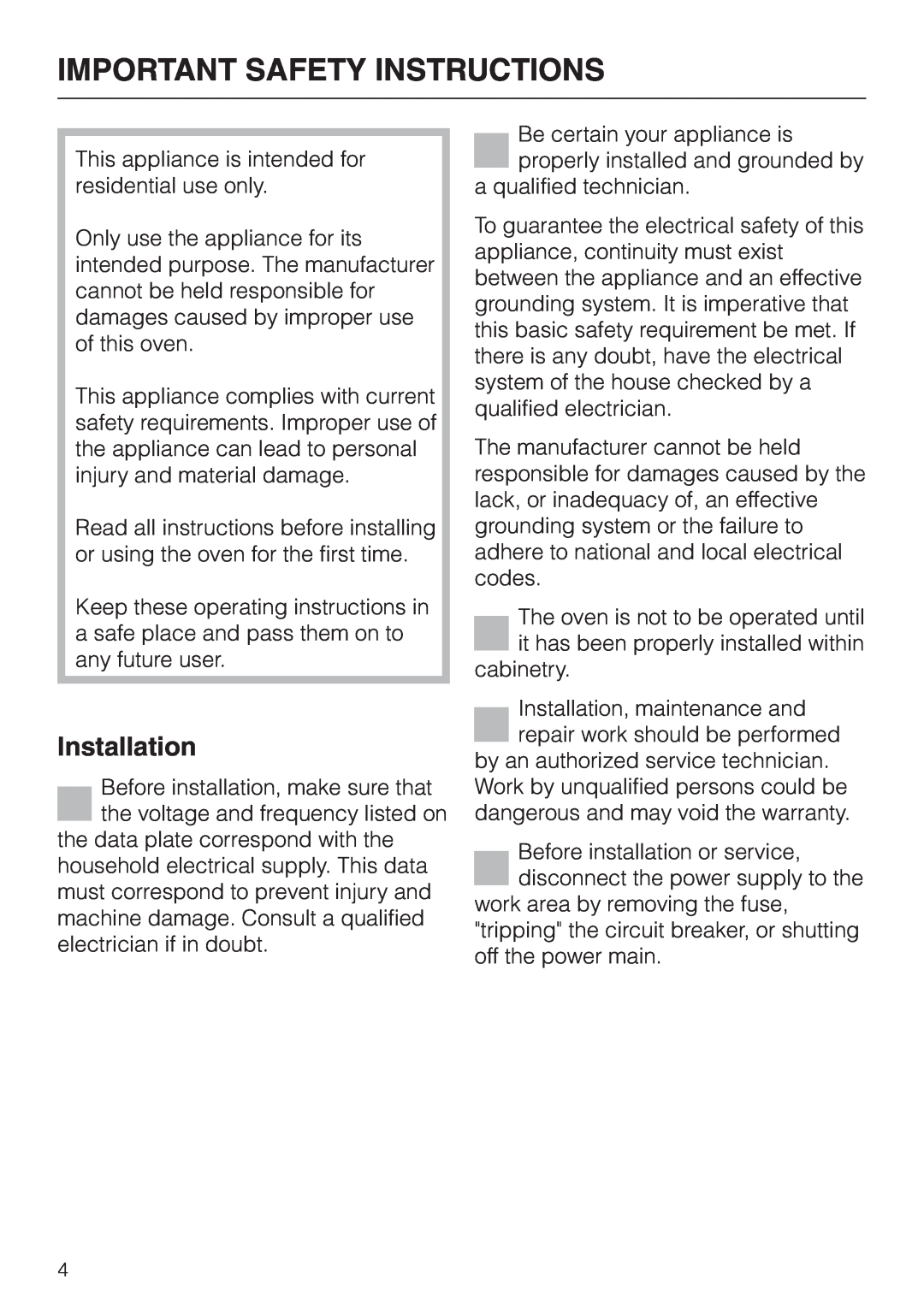 Miele H396B, H395B operating instructions Important Safety Instructions, Installation 