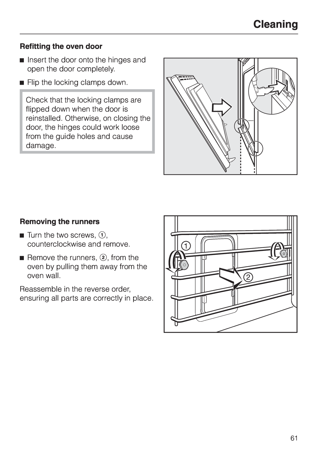 Miele H395B, H396B operating instructions Cleaning, Refitting the oven door, Removing the runners 