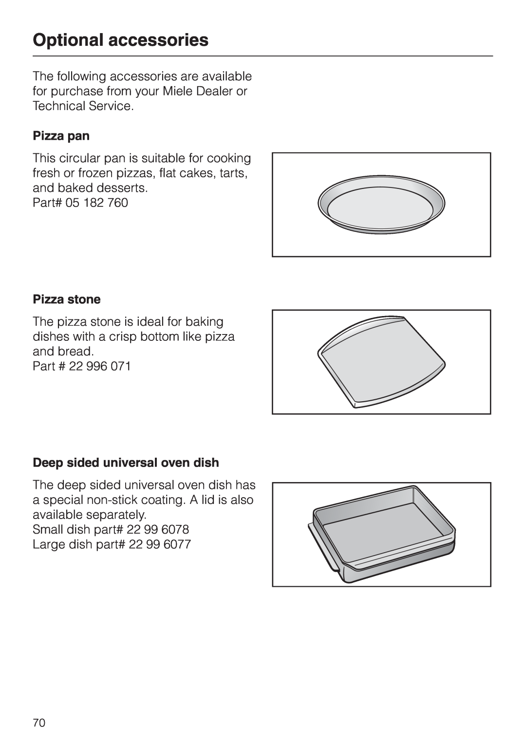 Miele H396B, H395B operating instructions Optional accessories, Pizza pan, Pizza stone, Deep sided universal oven dish 