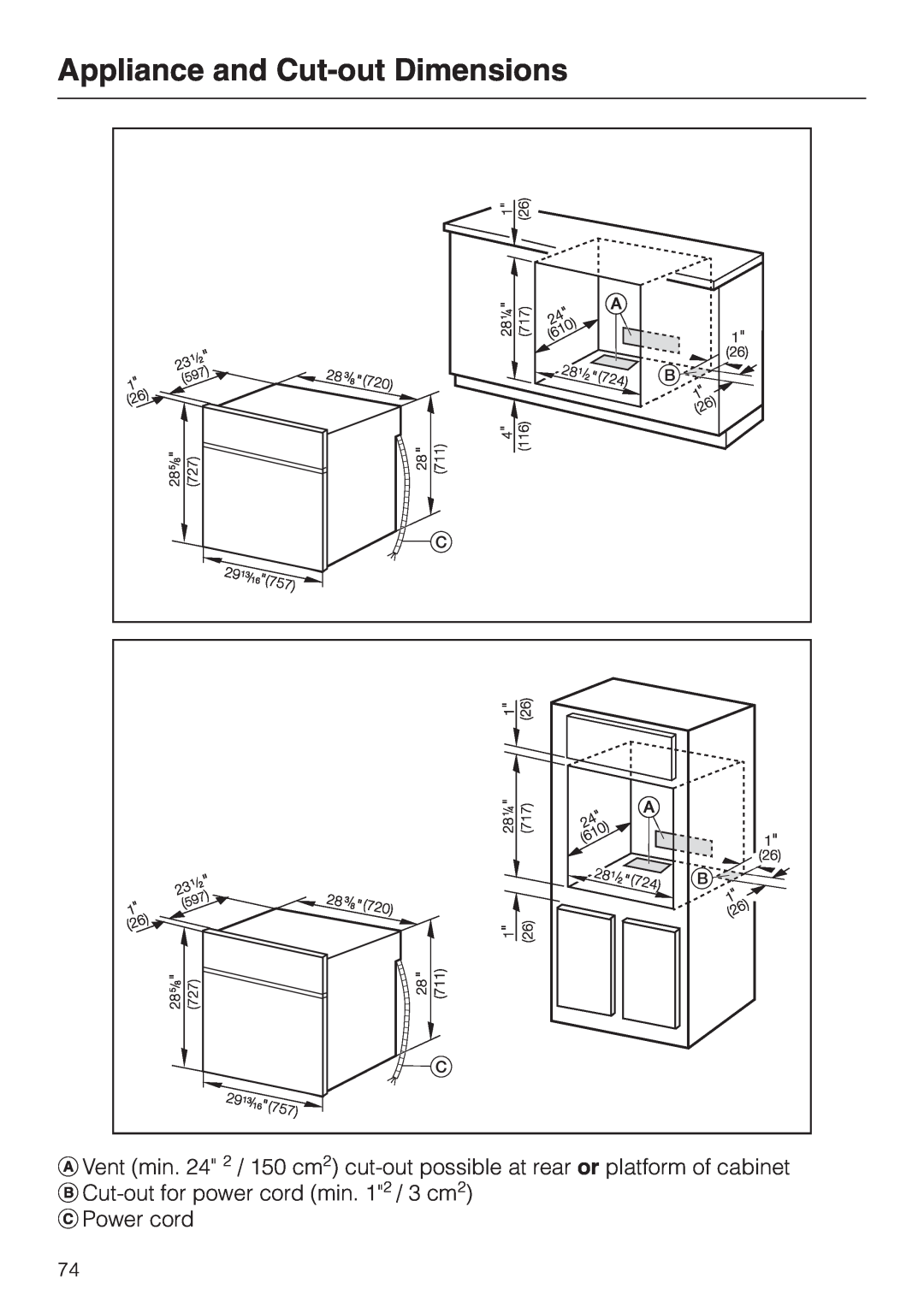 Miele H396B, H395B operating instructions Appliance and Cut-outDimensions, cPower cord 