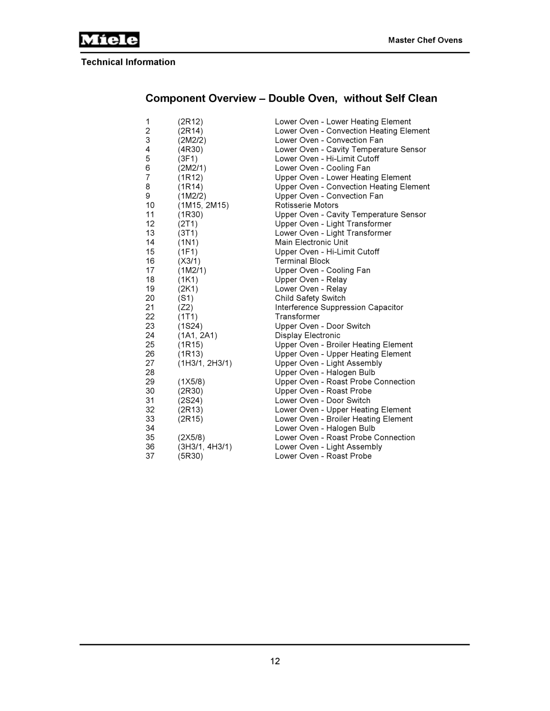 Miele H398B2, H397BP2, H395BP, H398BP2, H396BP, H397B2, H394B manual 2R12 Lower Oven Lower Heating Element 2R14 