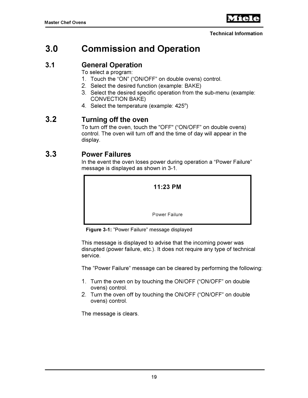 Miele H397BP2, H395BP, H398B2, H398BP2, H396BP, H397B2, H394B General Operation, Turning off the oven, Power Failures, 1123 PM 