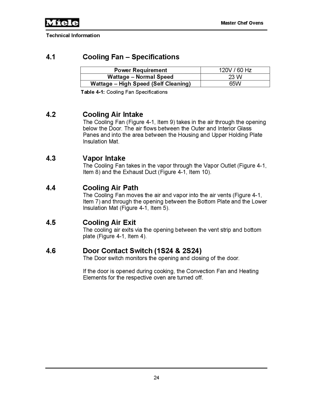 Miele H396B, H397BP2 manual Cooling Fan Specifications, Cooling Air Intake, Vapor Intake, Cooling Air Path, Cooling Air Exit 