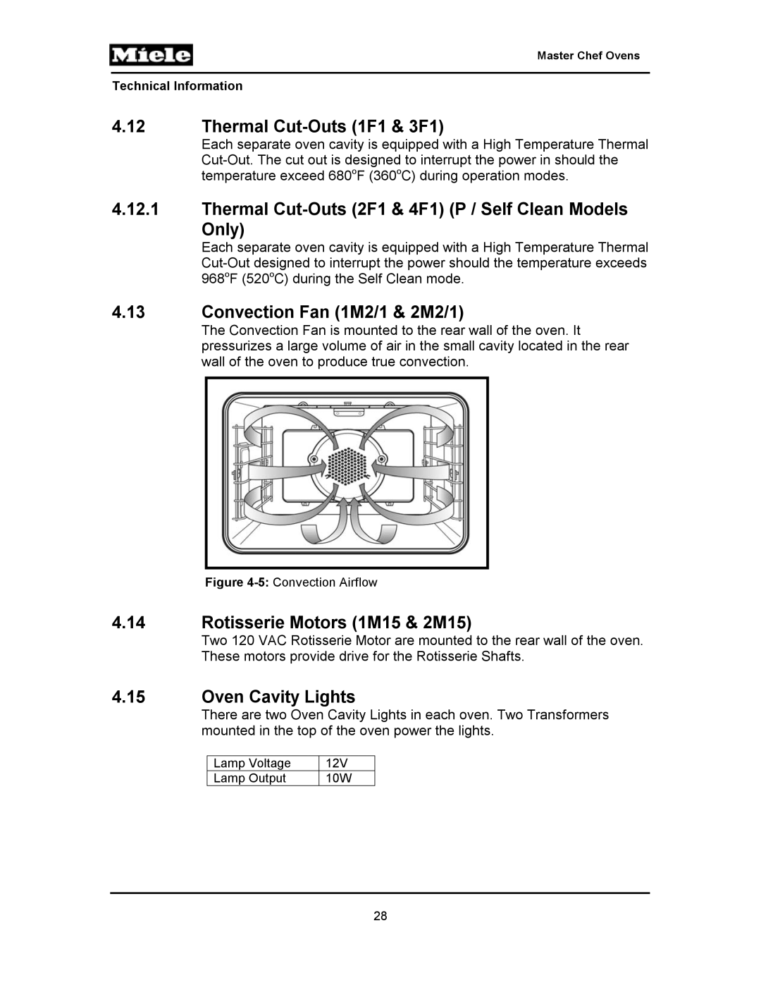 Miele H397BP2, H396B Thermal Cut-Outs 1F1 & 3F1, Thermal Cut-Outs 2F1 & 4F1 P / Self Clean Models Only, Oven Cavity Lights 