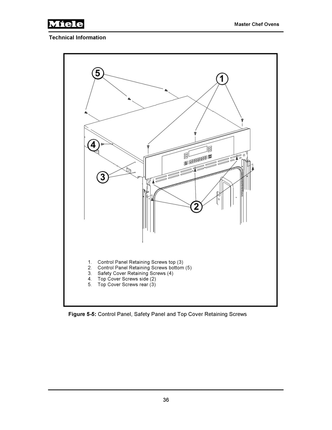 Miele H394B, H397BP2, H395BP, H398B2, H398BP2, H396BP, H397B2 manual 5Control Panel, Safety Panel and Top Cover Retaining Screws 
