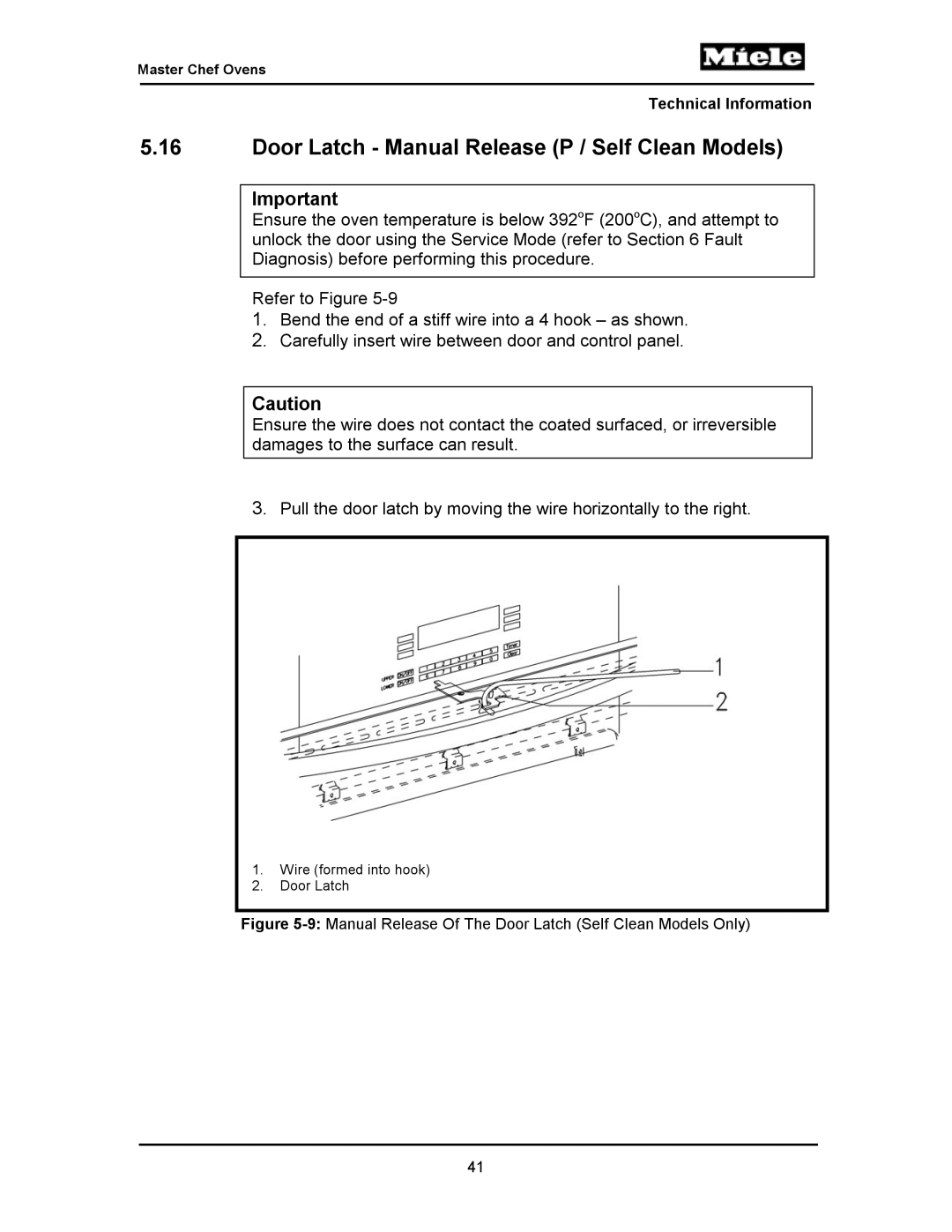 Miele H396BP Door Latch Manual Release P / Self Clean Models, 9Manual Release Of The Door Latch Self Clean Models Only 