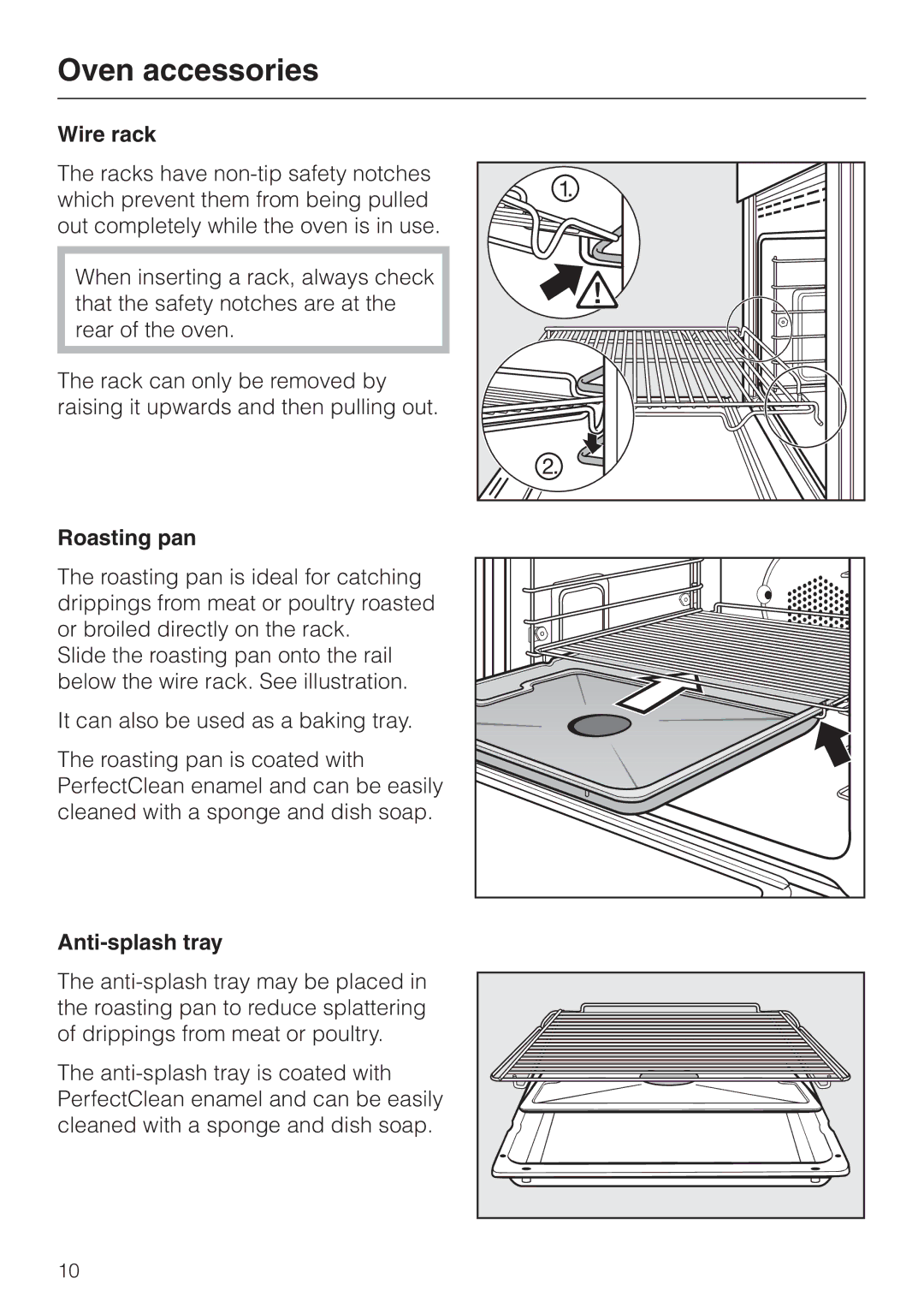 Miele H397BP2, H398BP2 operating instructions Oven accessories, Wire rack, Roasting pan, Anti-splash tray 