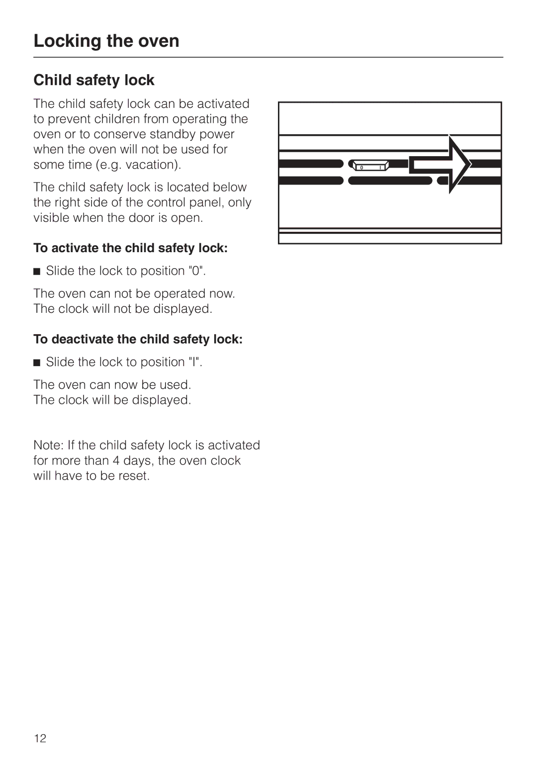 Miele H397BP2 Locking the oven, Child safety lock, To activate the child safety lock, To deactivate the child safety lock 