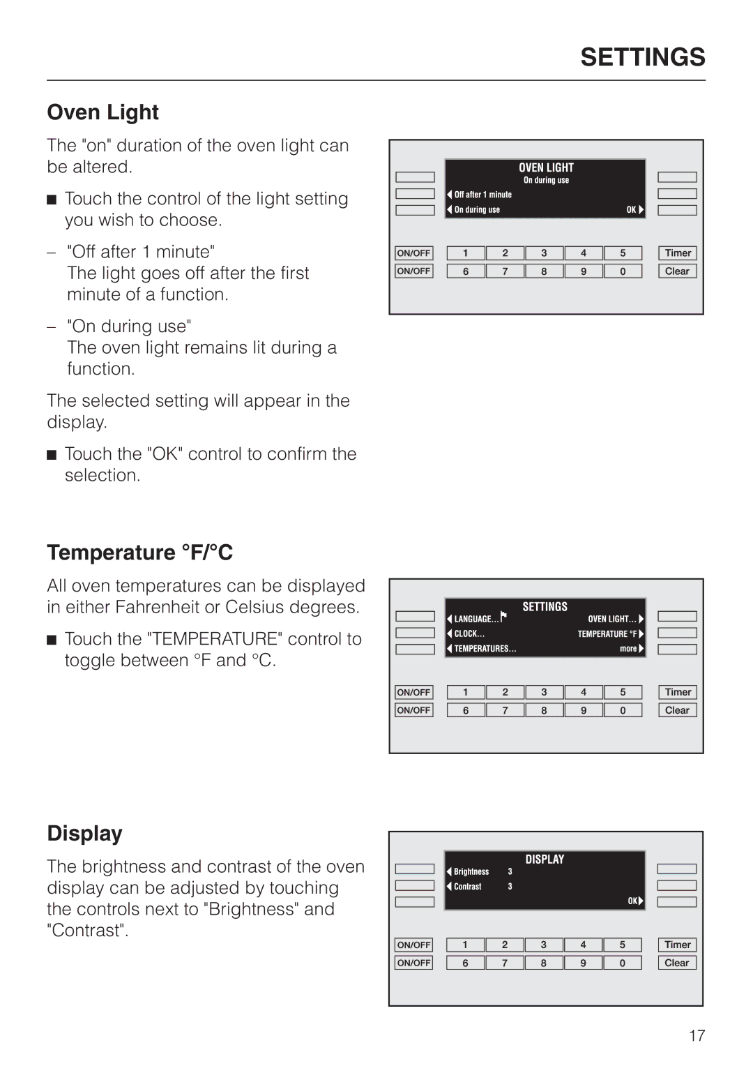 Miele H398BP2, H397BP2 operating instructions Oven Light, Temperature F/C, Display 